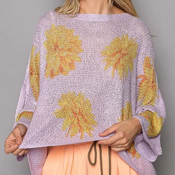 POL LILAC Round Neck Flower Print Solid Light Weight Sweater Top - Picture 2 of 5